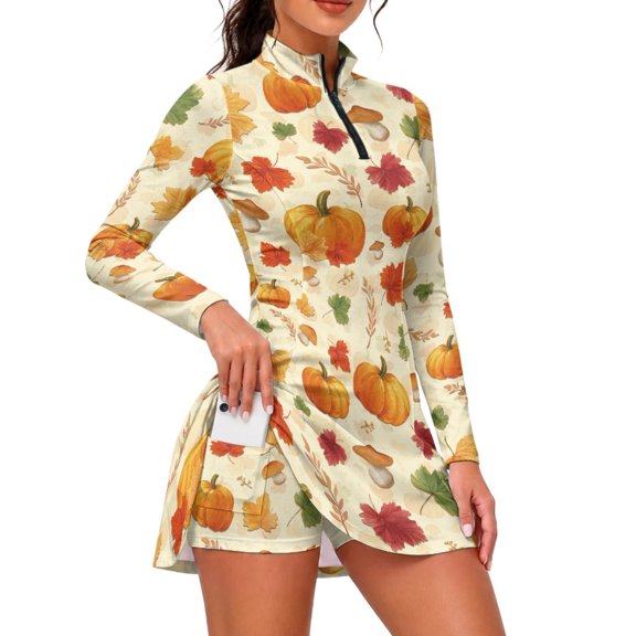 Garronmavis Fall Pumpkin Maple Print Ladies Long Sleeve Athletic Golf Dress Quarter Zip Active Tennis Outfit with Built-in Shorts Pockets Quick Dry for Pickleball Hiking, 2XL