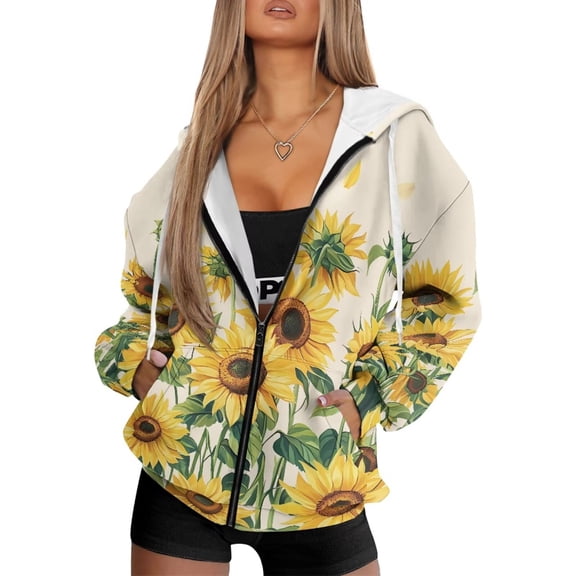 Garronmavis Fall Sunflower Women Full Zip Up Sweatshirts 2XL Loose Cozy Hoodies for Women Sweatshirt Washable Versatile Oversized Sweatshirts Long Sleeve Shirts
