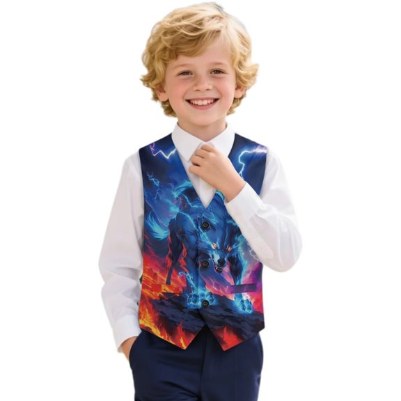 Garronmavis Fashion Wolf Boys Outerwear Vests Comfortable Formal Waistcoat Vest with Pockets Fashion 3-button Single Breasted Closure & 2 Slit Pockets Stylish Fall Winter Coats