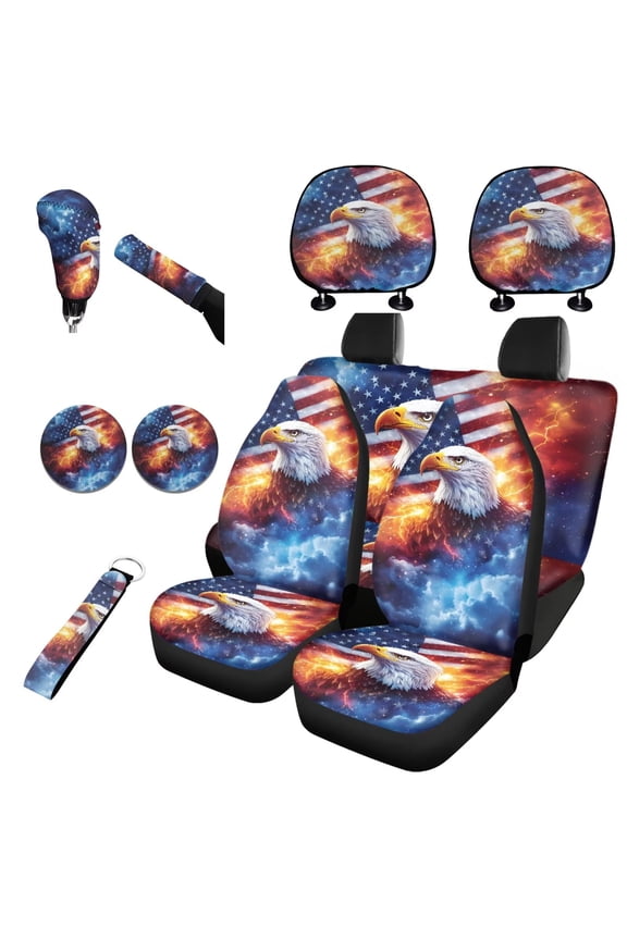Fire Eagle American Flag Automotive Seat Covers Dirty-proof Accessories Auto with Auto Headrest Covers+Handbrake Gear+Shift Knob Cover+Auto Cup Coaster+Wristlet Keychain