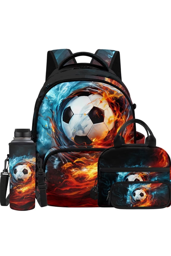 Fire Flame Soccer Sport Backpack Set, 17 Inch Boys Casual School Bookbag Including Lunch Bag, Stationery Pouch and Water Bottle Carrier