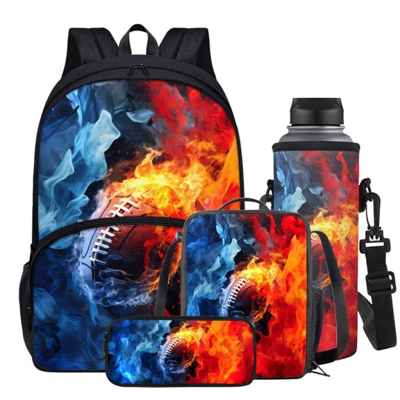 Garronmavis Flame & Ice Rugby Print Backpack for Boys Girls School Bag Insulated Lunch Box Lightweight Pencil Case Water Holder Case, Primary School Rucksack with Adjustable Shoulder