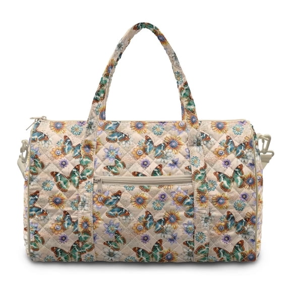 Garronmavis Floral Butterfly Quilted Duffle Bag for Women, Weekender Travel Bag Carry On Tote with Luggage Sleeve, Gym Dance Overnight Bag with Zipper Pockets