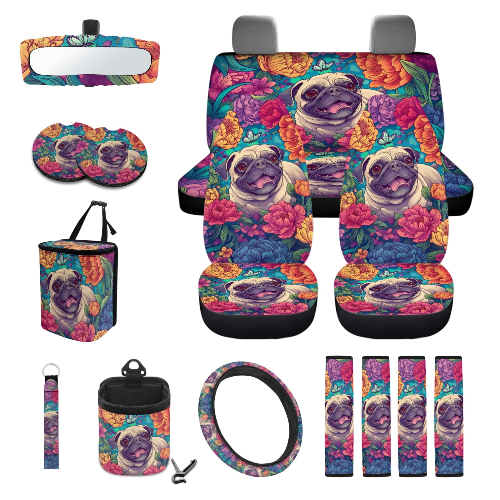 Garronmavis Flower Pug 15 PCS Car Seat Cover Full Set 4 Pieces Car Seat Covers Steering Wheel Cover Keychain Car Trash Can Car Dash Accessories Rearview Mirror Cover Cup Mats Universal Fit