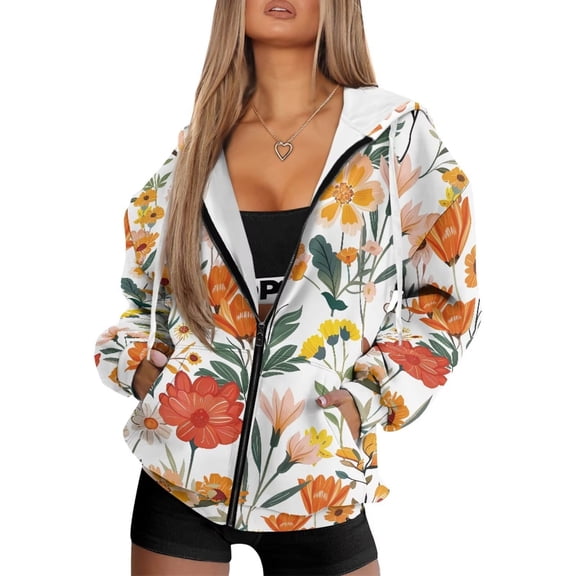 Garronmavis Flowers and Grass Women Full Zip Up Sweatshirts M Loose Smooth Hoodies for Women Sweatshirt Washable Comfy Oversized Sweatshirts Long Sleeve Shirts