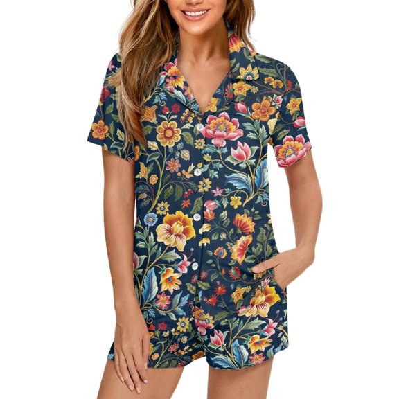 Garronmavis Flowers Print Women's Lightweight Pajama Set Casual Soft Lounge Sets Short Sleeve Notch Collar Top & Lounge Shorts 2 Pcs