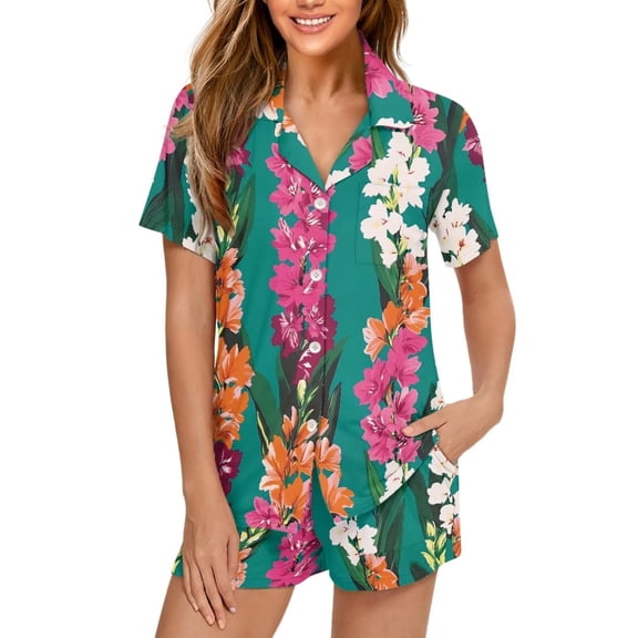 Garronmavis Flowers Printing Sleepwear for Women 2 Piece Short Sleeve Button Down Top and Shorts Pjs Lounge Sets Notch Collar Sleep Sets, Green