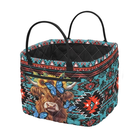 Garronmavis Foldable Quilted Laundry Hamper with Handles, Highland Cow Aztec Print Large Capacity Fabric Storage Basket for Bedroom, Nursery, Bathroom, Laundry Room