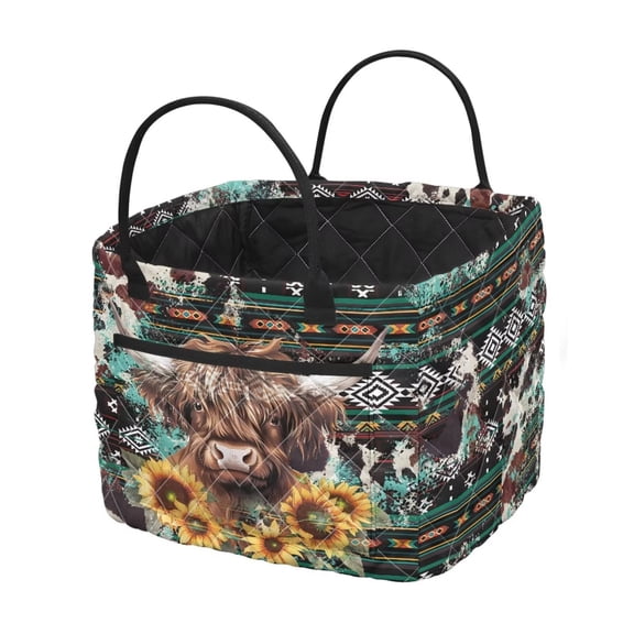 Garronmavis Foldable Quilted Laundry Hamper with Handles, Highland Cow Sunflower Aztec Print Fabric Storage Basket for Bedroom, Nursery, Bathroom, Car Storage