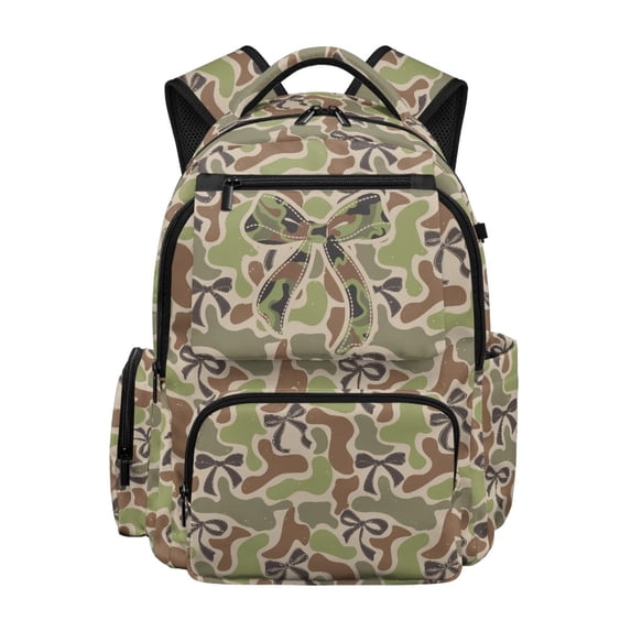 Garronmavis Forest Camo Bow School Backpack for Girls 10-12 Camo Bookbags 17 Inch Multi Compartments Large Capacity Primary School Bags Students Daypack Backpacks