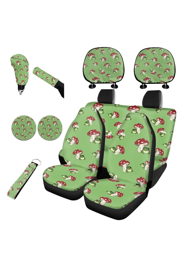 Frog Mushroom Car Seat Cover Full Set of 11pcs Automobile Decor with Headrest Cover,Lanyards Key Chain,Cup Coasters,Gear Shift Knob and Handbrake Cover,Automobile Accessories Interior