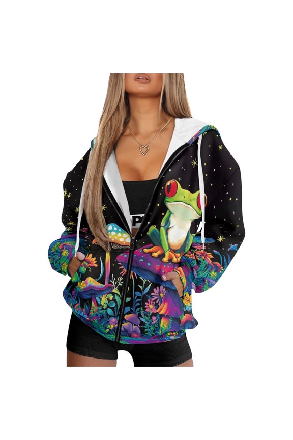 Frog Mushroom Womens Oversized Zip Up Sweatshirt Washable Casual Long Sleeve Hoodies for Women Lightweight Smooth Fall Sweaters Hoodies Zip Up Long Sleeve Shirts Clothes