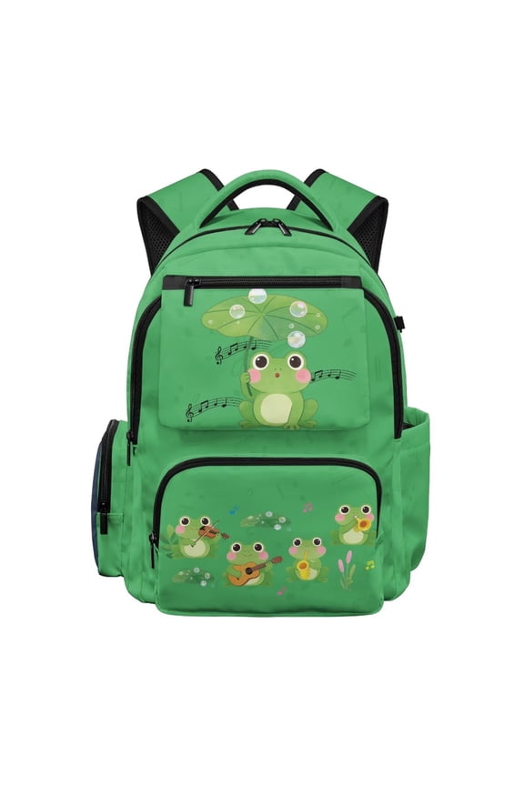 Frog Music Backpack for School Boys Smooth Zippers School Bag Multi-Pocket Book Bag 17 inch for 10-12T Elementary School Students Daily Use