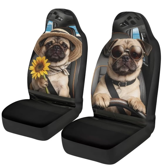 Garronmavis Front Car Seat Cover Pug Driving 2 Pack Breathable Interior Accessories Bucket Seat Covers High Back Easy to Install Seat Protector fit for Most of SUV,Sedan,Trucks