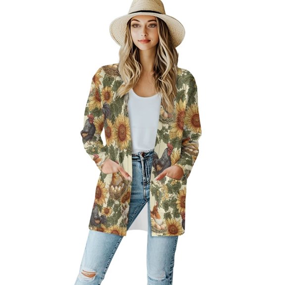 Garronmavis Front Open Cardigan for Women Long Sleeve Casual Draped Top Lightweight Coat Cardigan Sweater Jacket Plus Size Cover Up with Pockets Sunflower Roosters