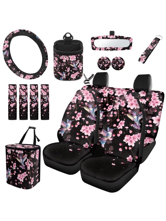 Front Rear Car Seat Covers Rearview Mirror Cover Garbage Can Air Vent Organizer Steering Wheel Cover Seat Belt Cover Keychain Coasters Cherry Blossoms Hummingbird