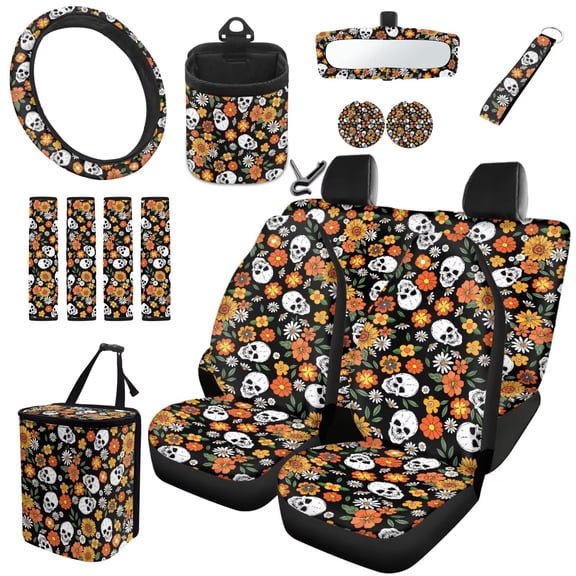 Garronmavis Front Rear Car Seat Covers Steering Wheel Cover Seat Belt Cover Coasters Air Vent Phone Holder Garbage Can Rearview Mirror Cover 15pcs Set Automotive Seat Cover Accessories Floral Skull