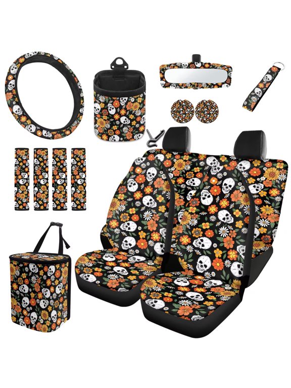 Front Rear Car Seat Covers Steering Wheel Cover Seat Belt Cover Coasters Air Vent Phone Holder Garbage Can Rearview Mirror Cover 15pcs Set Automotive Seat Cover Accessories Floral Skull