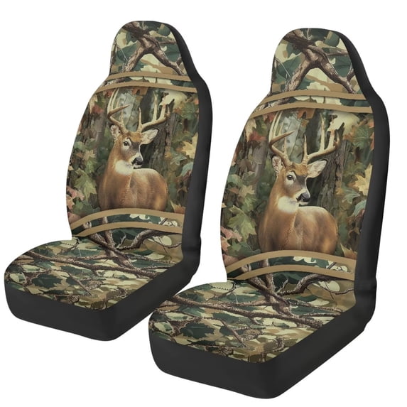 Garronmavis Front Seats Cover Elastic Car Seat Cover Set of 2 Breathable Interior Accessories Easy to Install Universal Fit All Seasons Hunting Camo Forest Deer