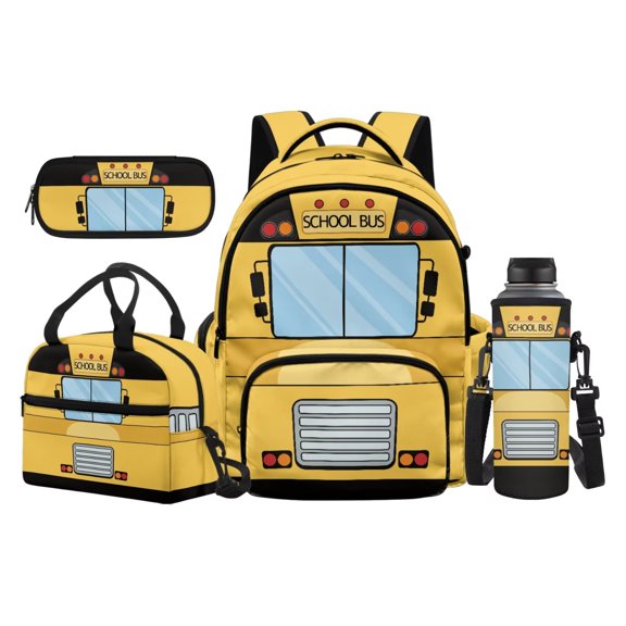 Garronmavis Full Print Cartoon Yellow School Bus 4 In 1 Backpack Combo, Large Capacity 17 Inch Student Daypack with Thermal Lunch Tote, Stationery Pouch & Drink Bottle Sleeve