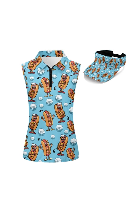 Funny Golf Hotdog Women's Sleeveless Golf Shirt and Matching Sports Sun Visor Hat Set, Lightweight Comfortable Outfit for Golf Tennis Outdoor Activities