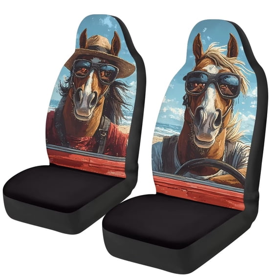 Garronmavis Funny Horse Driving Front Car Seat Cover 2 PCS Vehicle Protector Front Seats Covers Thin Interior Accessories Easy to Install Universal Fit