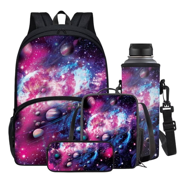 Garronmavis Galactic Planet Print Backpack for Kids Bookbag with Pen Case Bag Lunch Box Bag Water Carrier Pouch Set of 4, Middle School Satchel Laptop Bags for Travel Sports Camping