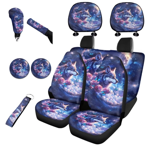Garronmavis Galaxy Wolf Roses Seat Covers Full Set Breathable Automotive Interior Accessories with Auto Headrest Cover Handbrake Gear Shift Knob Cover Auto Cup Coaster Wristlet Keychain