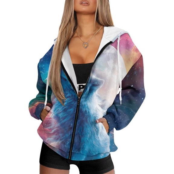 Garronmavis Galaxy Wolf Womens Oversized Zip Up Sweatshirt Washable Casual Long Sleeve Hoodies for Women Breathable Smooth Fall Sweaters Hoodies Zip Up Long Sleeve Shirts Clothes