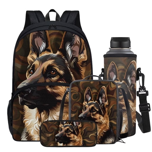 Garronmavis German Shepherd Print Backpack Set for Girls Boys Gifts, Lunch Bag & Pencil Case & Water Bottle Sling Bag, Front Pocket School Bag 17inch Bookbags for Primary School Student