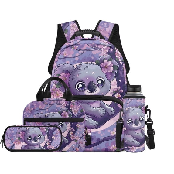 Garronmavis Girls Backpack with Lunch Box 4-Piece Set, Includes School Backpack, Lunch Bag, Pencil Case, Water Bottle Holder, Cute Koala Print Kids Backpack Set for Elementary School Daily Use