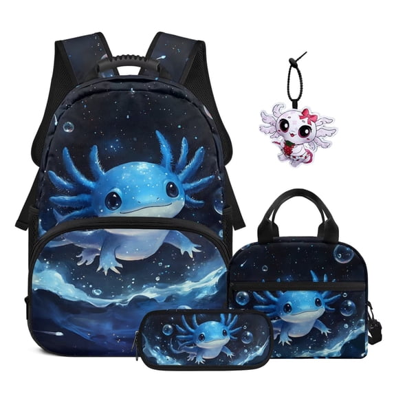 Garronmavis Girls Backpack and Lunch Box Set, 4-Piece Kids School Bag with Lunch Bag, Pencil Case & Axolotl Keychain, Cute Axolotl Print Bookbag Set for Elementary School Students