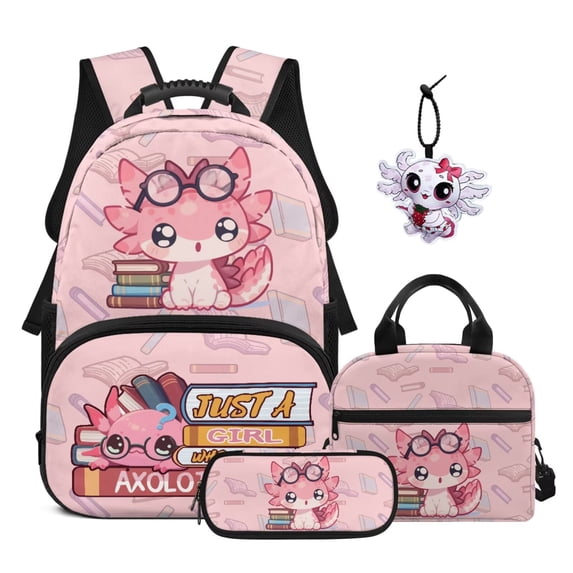Garronmavis Girls Backpack Set, 4 Piece Elementary School Supplies Kit with Backpack & Lunch Bag & Pencil Case & Axolotl Keychain, Cute Pink Bookbag Set for Daily School Use for Girls