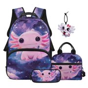 Garronmavis Girls Backpack Set, 4-Piece School Bookbag & Insulated Lunch Bag & Pencil Case & Cute Axolotl Keychain, Lightweight Adjustable Shoulder Straps for Elementary School Students
