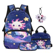 Garronmavis Girls Backpack Set, 4-Piece School Bundle with Bookbag, Insulated Lunch Bag, Pencil Case & Exclusive Axolotl Keychain, Cute Lightweight Bags for Elementary School Use