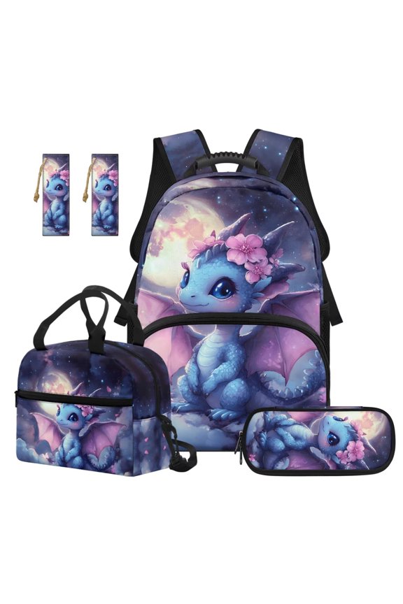 Girls Backpack Set 5 PCS School Bag with Lunch Bag & Pencil Case & 2 PCS Bookmarks, Cute Dragon Print School Bookbag Set for Elementary Middle School Girls