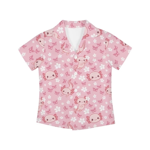 Garronmavis Girls Button Down Shirt Short Sleeve 7-8 Cute Axolotl Graphic Hawaiian Beach Vacation Shirts Lightweight Breathable Summer Tops Casual Daily Play School Clothes