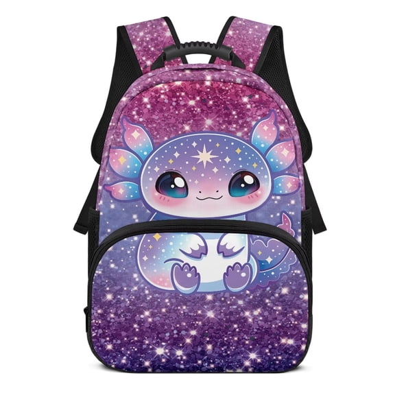 Garronmavis Glitter Galaxy Axolotl 17-inch Kids Backpack, Large Capacity Multi-Pocket School Bag with Adjustable Padded Straps, for Elementary Boys Girls Daily School Travel Outdoor Use