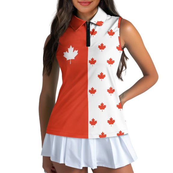 Garronmavis Golf Shirt for Women Sleeveless Quarter Zip Tennis Shirts Collared Casual Shirts Casual Tennis Activewear Womens Flag Golf Shirt, Canada Flag, Size XL