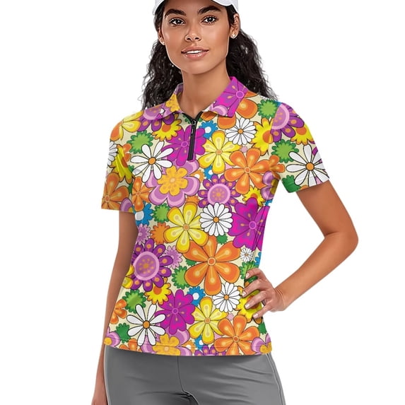 Garronmavis Golf Shirt for Women Zip Up Collared Tennis Shirts Short Sleeve Hiking Shirts Workout Tops Womens Hippie Floral Golf Shirt, Hippie Flowers, Size L