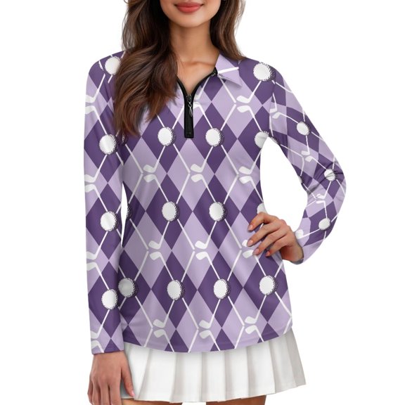 Garronmavis Golf Shirt Women Zip Lightweight Tennis Shirt Long Sleeve Collar Shirts Casual Work Workout Tops, Purple Golf Ball, Size M
