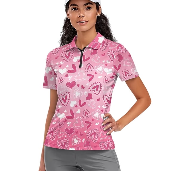 Garronmavis Golf Shirt for Women Zipper Casual Tennis Shirts Short Sleeve Collar Workout Athletic Shirts Womens Valentines Golf Shirt, Valentines Pink Hearts, Size 2XL