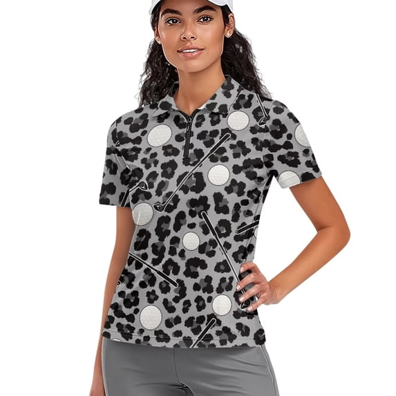 Garronmavis Golf Shirts for Women Short Sleeve Zip Up Tennis Shirts Lightweight Hiking Shirt Womens Animal Print Golf Shirt, Black Lepoard Prints, Size S