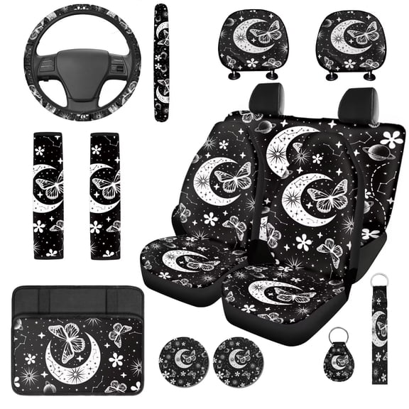 Garronmavis Gothic Moon Car Seat Covers Full Set 14 Pack Car Headrest Protector Steering Wheel Cover Auto Armrest Cover and Seat Belt Pads Easy to Install Universal Fit for Cars SUV