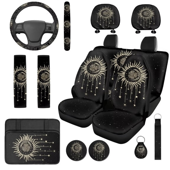 Garronmavis Gothic Sun 14 Pack Car Seat Covers Full Set with Headrest Protector Steering Wheel Cover Auto Armrest Cover and Car Seat Belt Covers Easy to Install Universal Cars SUV Accessories
