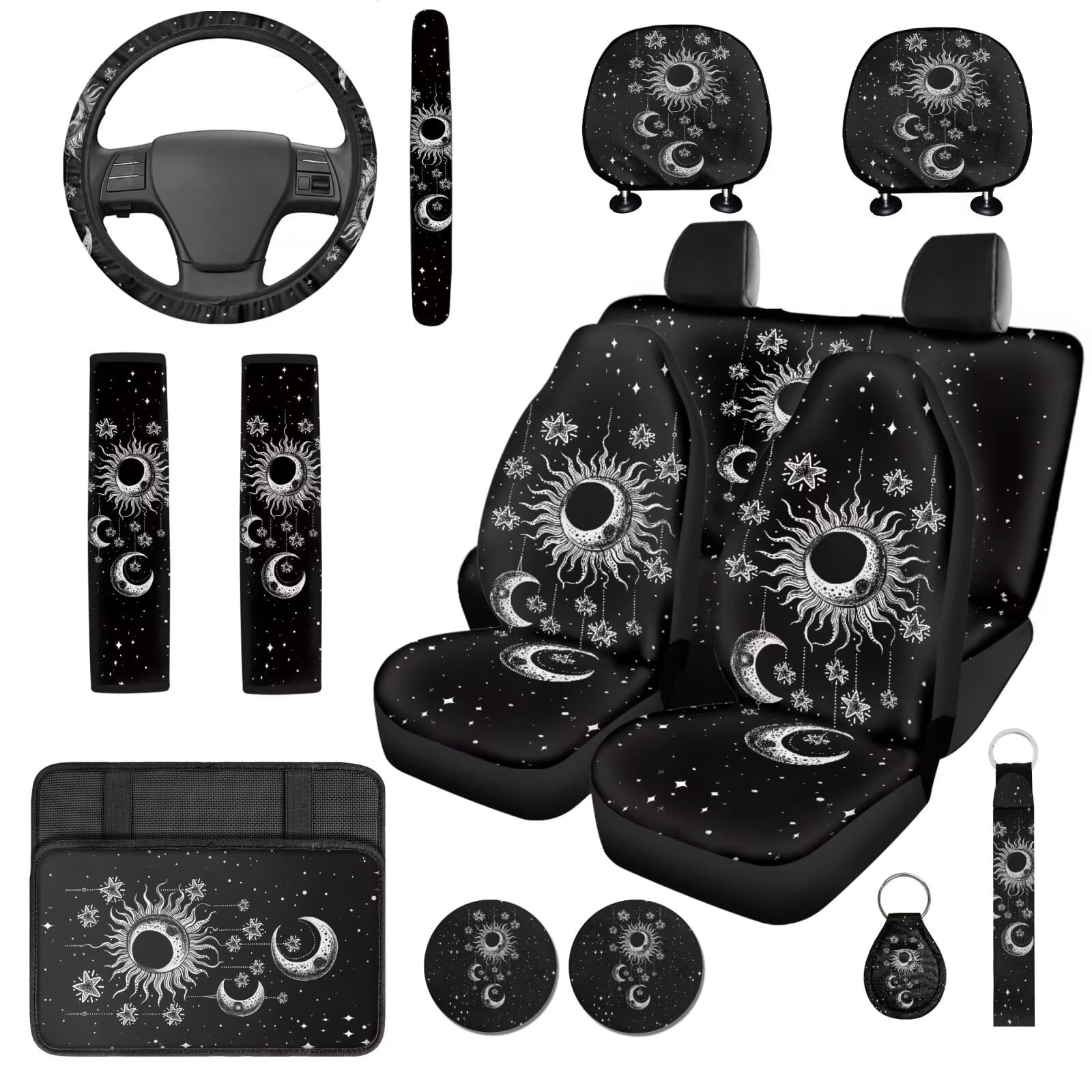 Garronmavis Gothic Sun 14 Pcs Car Seat Covers Set with Headrest Protector Car Steering Wheel Accessories Auto Armrest Cover Seat Belt Covers Full Coverage Universal Fit for Cars SUV