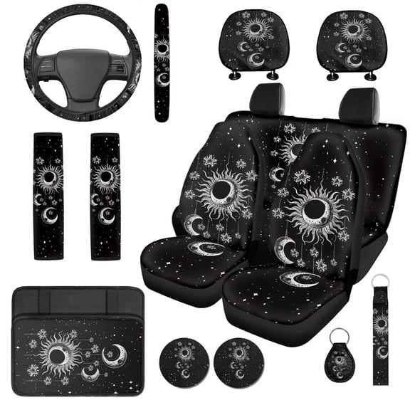 Garronmavis Gothic Sun 14 Pcs Car Seat Covers Set with Headrest Protector Car Steering Wheel Accessories Auto Armrest Cover Seat Belt Covers Full Coverage Universal Fit for Cars SUV