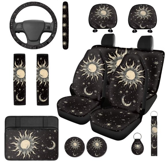Garronmavis Gothic Sun Car Seat Covers Set 14 Pack Steering Wheel Protector Car Headrest Cover Armrest Cover Auto Seat Belt Covers Keychain and Coaster Compatible with Most Cars,SUV
