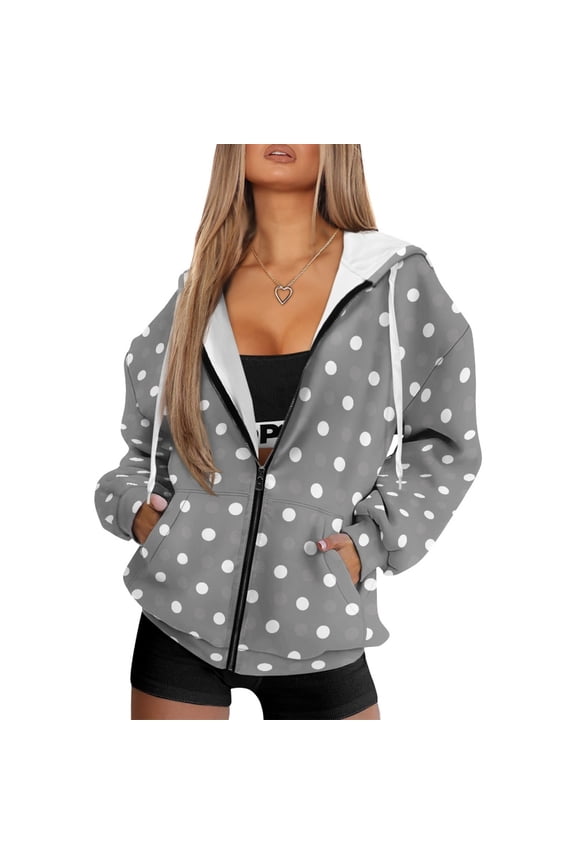 Gray Polka Dot Oversize Zip Hoodies for Women Loose Fitting Hooded Sweatshirt Athletic Clothing Drop Shoulder Pullover Tops with Drawstring