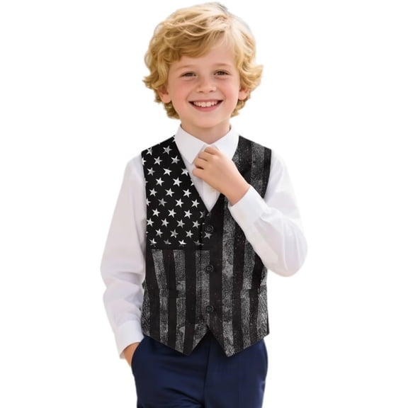 Garronmavis Gray US Flag Boys Outerwear Vests Comfortable Formal Waistcoat Vest with Pockets Fashion 3-button Single Breasted Closure & 2 Slit Pockets Stylish Fall Winter Coats